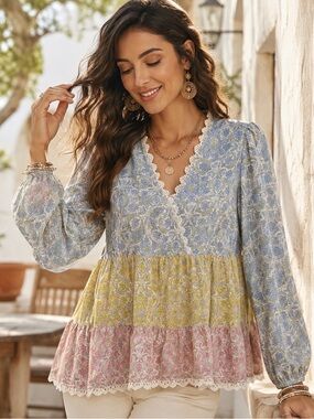 Boho Tiered V-Neck Peasant Top in Pastel Mix Size Large